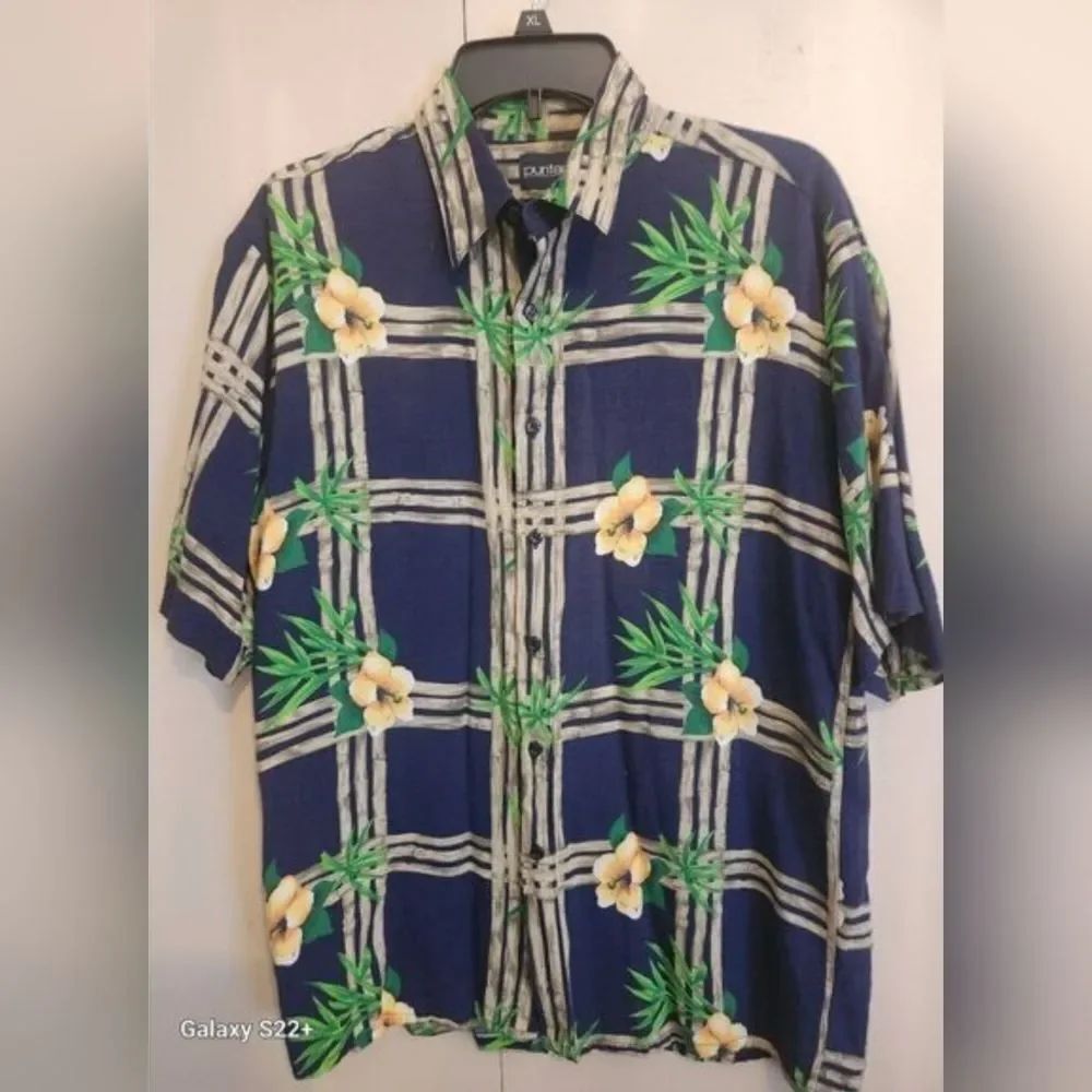 M4 Putitan Navy Green & Yellow Floral Button-Down Short-Sleeve Hawiian Shirt